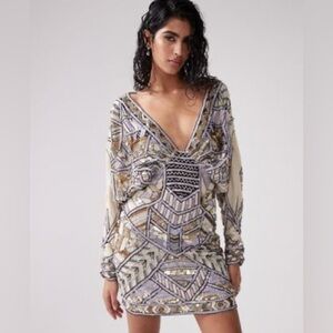 ASOS DESIGN embellished batwing mini dress in stone -brand new